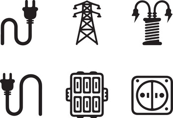 Set of six black and white icons depicting electrical components and power transmission electricity plug