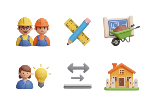 3d icon of collection of 3d icons related to construction, ideas, and real estate, isolated on transparent background