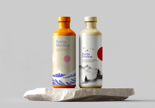 Realistic Bottle Mockup on Stone Podium