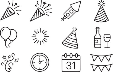 Set of twelve black and white line art icons for celebrations and holidays Keywords: celebration, holiday, party, birthday, new year, fireworks, confetti, party hat, balloon, bottle, glass