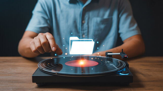 Music file sharing concept with vinyl record player and folder icon for digital music storage and access