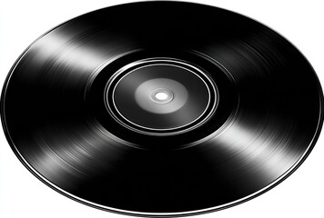 A glossy black vinyl record with concentric grooves, centered on a white background, reflecting light on its surface
