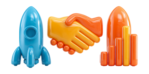 Colorful Icons of Rocket, Handshake, and Bar Graph for Business Growth