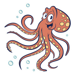Cartoon Octopus Character Design with Blue Bubbles and Yellow Spots on White