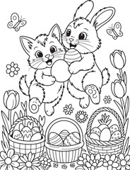 Obraz premium Adorable kitten and rabbit together holding easter eggs within a floral scene