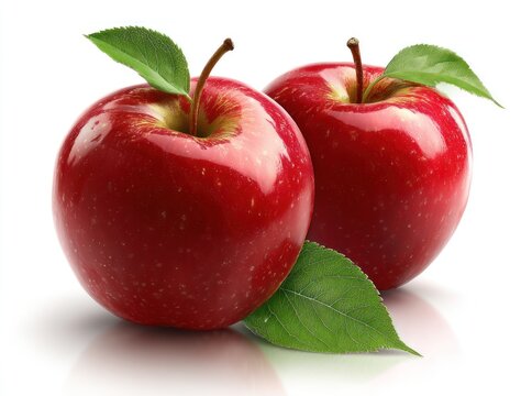 Two glossy red apples with fresh green leaves and brown stems sit on a white reflective surface. Apples are crisp, clean and vibrant