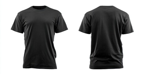 Front and back view of a solid black t-shirt, isolated on a white background, showing the classic crew neck and short sleeves design