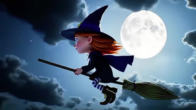 Animated young witch flying on broomstick through night sky with full moon and clouds in a whimsical fantasy scene
