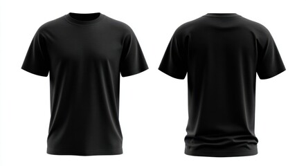Realistic front & back view of a plain black t-shirt with short sleeves, isolated on a white background, showcasing fabric details and subtle shadows
