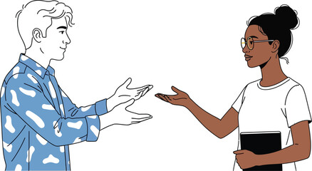 Two diverse people in conversation, gesturing with open hands, sharing ideas in a collaborative dialogue.