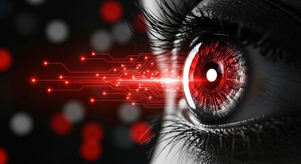 Futuristic Cybernetic Eye With Digital Data Stream Glowing Red