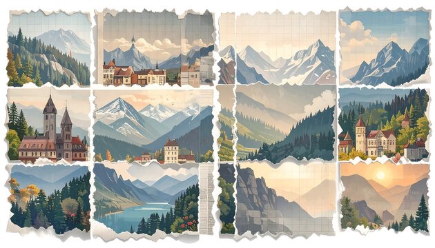 A collection of vintage-style postcards depicting mountainous landscapes and towns
