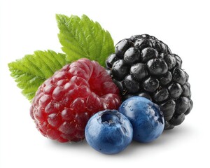Four fresh, colorful berries (raspberry, blackberry, blueberries) cluster with bright green leaves, against a white background, casting a soft shadow
