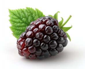 Close-up of a ripe blackberry with a green leaf, resting on a white surface. The berry has a textured, segmented appearance and a deep purple-red hue