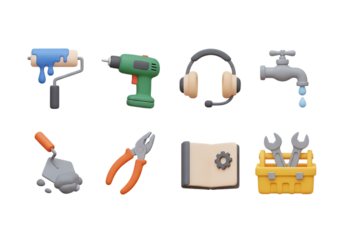 3d icon of collection of construction and repair tools, isolated on transparent background