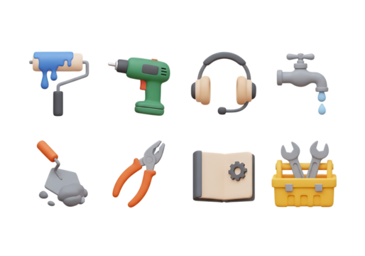 3d icon of collection of construction and repair tools, isolated on transparent background