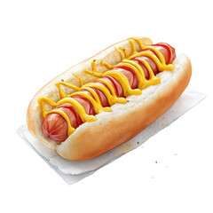 A hot dog with a sausage in a bun, topped with mustard and ketchup, making it a delicious and appetizing meal.