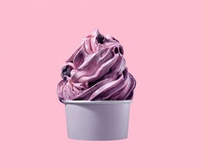 A cup filled with a swirling frozen dessert in shades of pink and purple, sits against a soft pink backdrop, inviting a sweet, cool indulgence