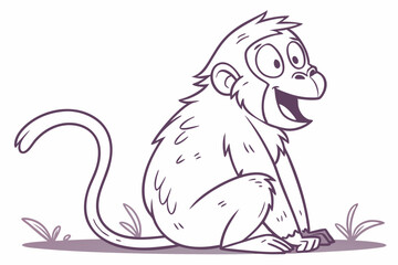 Cartoon Outlined Monkey Sitting on Ground White Background