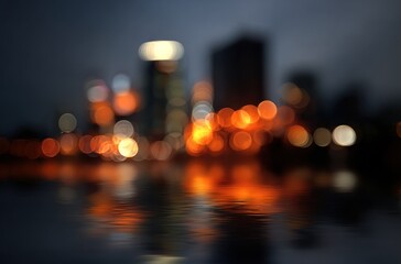 A blurry cityscape reflects in water at night, orange lights glowing against the dark skyline. The rippling water adds to the impressionistic scene