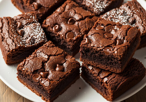 Vector illustration of a plate of freshly baked, rich, dark chocolate brownies with chocolate chips and powdered sugar