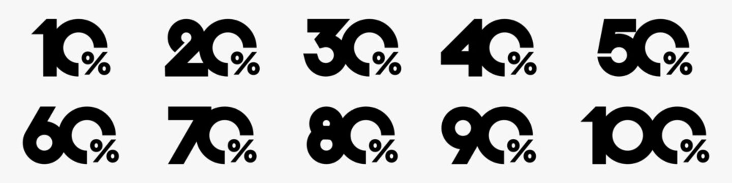 set of collection of discount numbers black color, Sale icons or tags with 10, 20, 30, 40, 50, 60, 70, 80, 90 percent discount. Vector illustration.