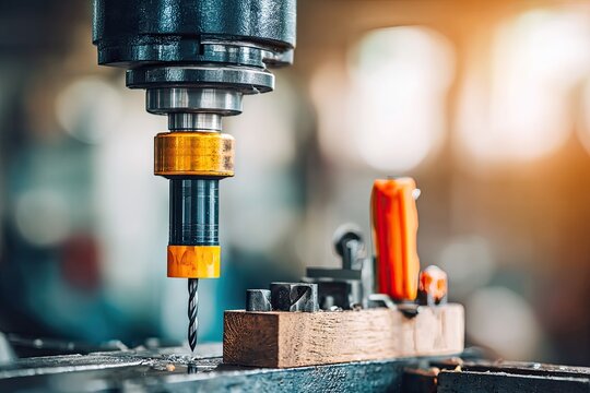 Close-up of a drill press machine working on wood - Powered by Adobe