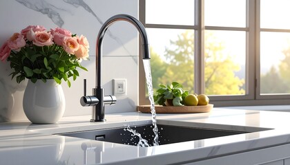 Modern kitchen sink with flowing water