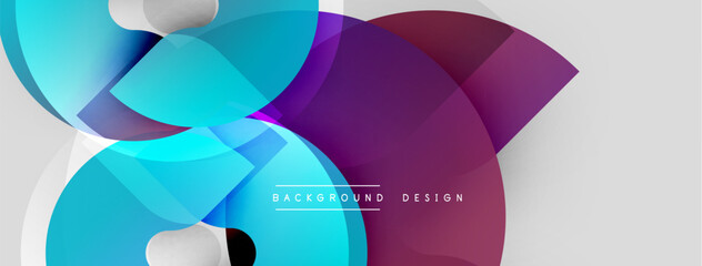 Fototapeta premium Abstract geometric shapes overlap, creating vibrant blue, purple gradients. Modern design elements suggest fluidity, innovation. Background features text.