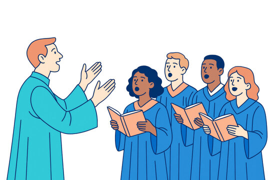 Choir conductor and diverse singers in robes performing with open books, flat illustration style on white background. Concept of music culture. Ai generative