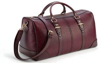 Deep red pebbled leather duffel bag with gold hardware and adjustable strap maroon