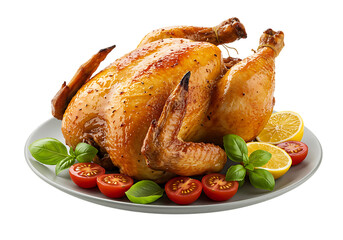 Roasted whole chicken on a plate garnished with fresh vegetables and herbs Isolated on transparent background