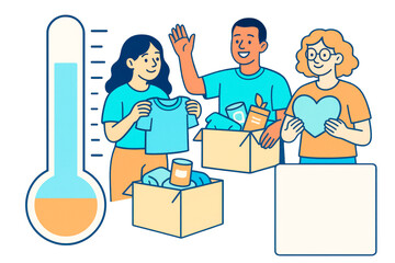 Group of people donating clothes and food, cartoon style, isolated on white background, concept of charity and community support, Ai generative