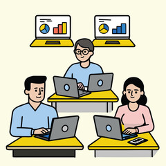 Diverse team collaborating on laptops, analyzing data charts for business growth and success