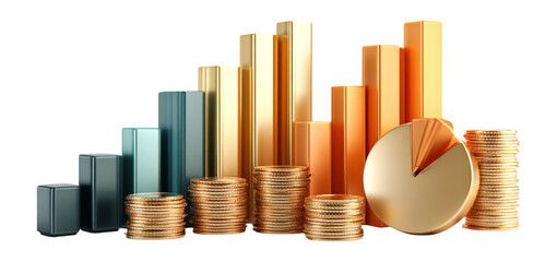 Financial Growth Concept with Bar Graphs and Coin Stacks Visualization