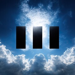 Three large, dark shapes against a vibrant blue sky filled with fluffy clouds, creating a striking visual contrast.