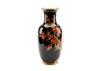 Elegant black vase decorated with cherry blossoms and gold accents Isolated on transparent background