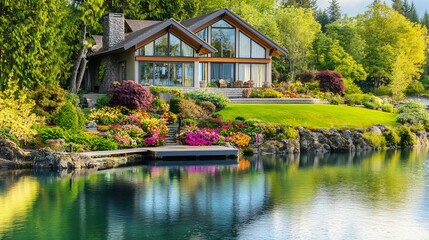 Fototapeta premium Luxurious lakeside bungalow with large bay windows a private dock and a serene garden filled with colorful flowers with the lake and forest reflecting the homes elegant design