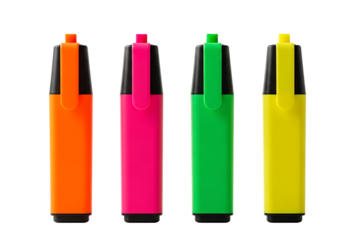 Four colorful highlighters standing vertically Isolated on transparent background