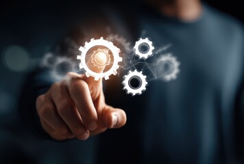 A person interacts with glowing gear icons. They're pointing to one, with visible connection lines to others, all against a dark backdrop