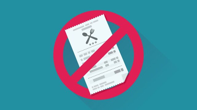 Appearance of a crossed out red circular prohibition symbol on a restaurant bill on blue background with long shadow in flat design style