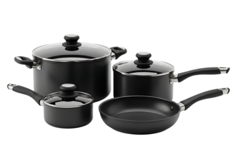 Modern black cookware set Isolated on transparent background for kitchen and culinary projects