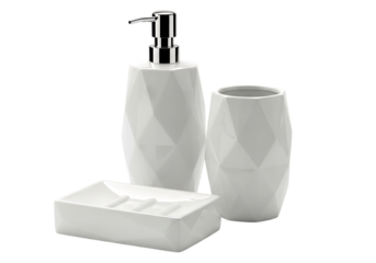 Modern geometric white bathroom accessories set Isolated on transparent background