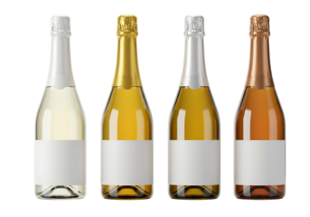 Champagne bottles with different colored foils and blank labels Isolated on transparent background
