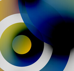 Abstract composition. Overlapping circles create dynamic visual effect. Colors blend, forming gradients, shapes suggest depth.