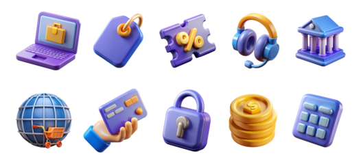 E commerce and Shopping Icons Set in Purple and Gold on transparent background