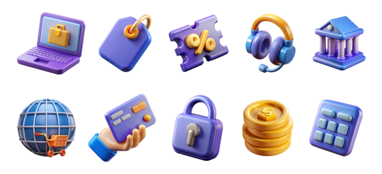 E commerce and Shopping Icons Set in Purple and Gold on transparent background