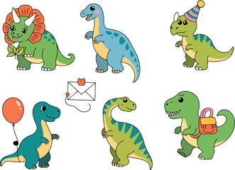 Fototapeta premium Six cute cartoon dinosaurs with party hat balloon and letter green blue