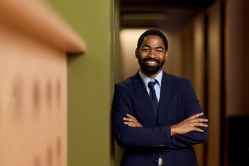 Fototapeta premium Confident Businessman Posing in an Office Corridor with a Professional Smile