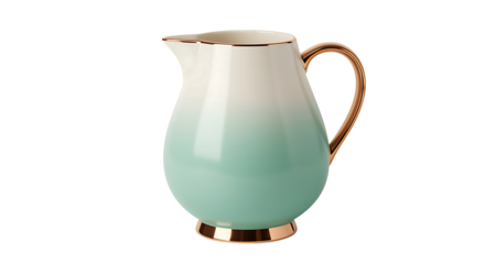 Elegant vintage ceramic pitcher with teal and cream glaze and golden handle